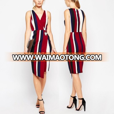 Wholesale Cheap Elegant Deep V-neck Contrast Color Patterns Sexy Trendy Office Dress