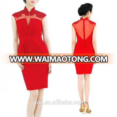 Red sleeveless embroidered neckline ruffled mini qipao